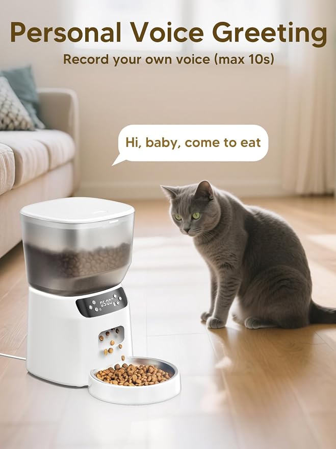 Automatic Cat Feeder and Water Fountain, 4L/16 Cups Timed Cat Dry Food Dispenser, 10s Meal Call, 20 Portions 6 Meals Per Day, 2L Cats Fountains for Drinking with Filter, Pet Feeder for Dog White