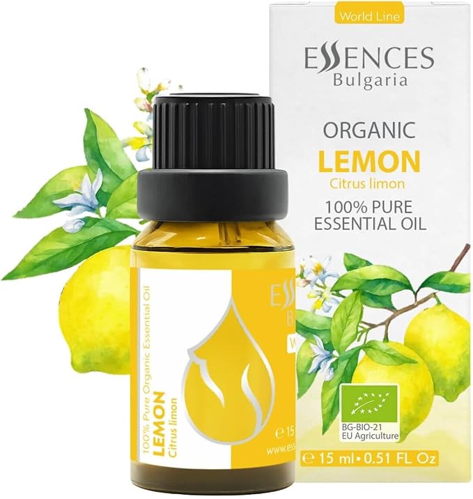 Essences Bulgaria Organic Lemon Essential Oil 0.51 Fl Oz | 15ml | Citrus Limon | 100% Pure | Natural | Undiluted | Therapeutic Grade | Aromatherapy | Cosmetics | Cruelty Free | Non-GMO | Vegan