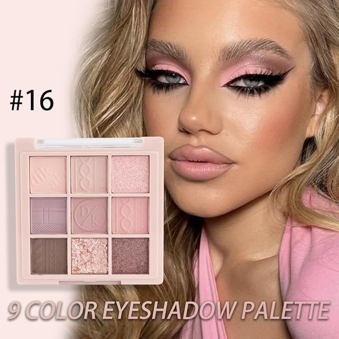 AMY'S DIARY Matte Shimmer Pink Eye Shadow Palette Makeup,Eyeshadow Long Lasting Waterproof Cruelty-Free, 9 Blendable Shades in Smooth Matte and Shimmer Finishes with Gorgeous Pearls for Girls (16#)