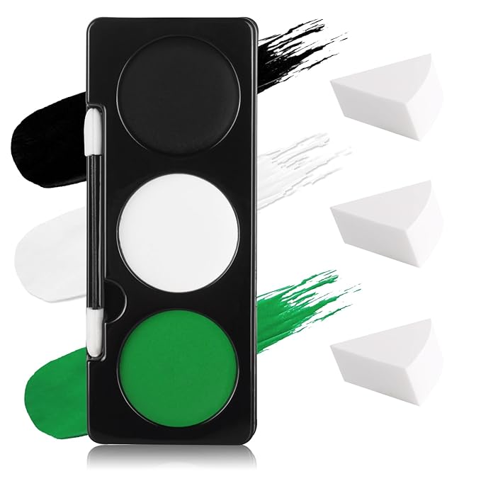 Green Witch Makeup Kit,Black White Green Face Paint + 3PC Sponge + Brush,Zombie Hulk Hunting 3 Colors Body Paint Palette,Safe Halloween Elphaba Costume Frankenstein Cosplay Set for Kids,21g