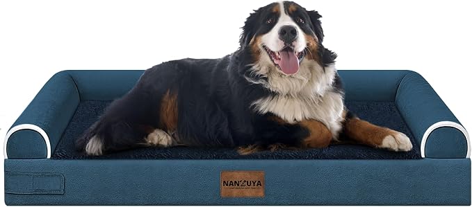Orthopedic Dog Bed for Jumbo Dogs, 53 x 42 Inch, Navy | Egg crate foam for joint support, 3-sided bolster pet sofa, waterproof lining, washable cover, and non-skid base
