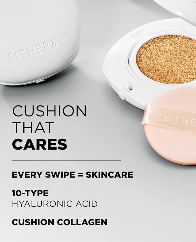 EITHER& Glow Pixel Cushion Foundation, Natural Coverage, Glow Finish – Up to 100 Hours, Moisturizing and Hydrating, Korean Beauty (#17P Porcelain, 12g)
