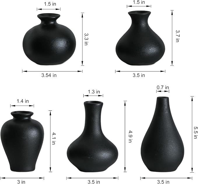 Tanvecle Small Black Vases, Ceramic Bud Vase Set 5, Modern Home Decor | Mini pottery vases for pampas grass, flowers, minimalist home decor, wedding centerpiece for dining table living room shelf