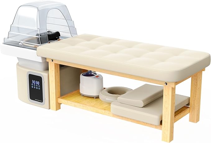 Dolonm Head Spa Shampoo Bowl Stationary Massage Table Set with Water Cycle & Fumigation Salon Equipment for Beauty Head Spa Physical Therapy Massage Salons, PU Leather Beige Grey, Wood Frame