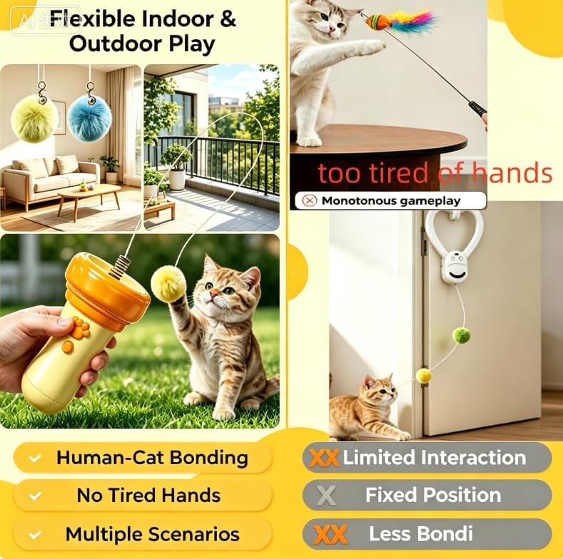 Electric Cat Teaser Indoor Cats, Cat Teaser Launcher with Ball & Telescopic Rope Launcher, Automatic Retraction Interactive Cat Toy, Relief Enrichment Toys for for Kittens and Cats (Orange)