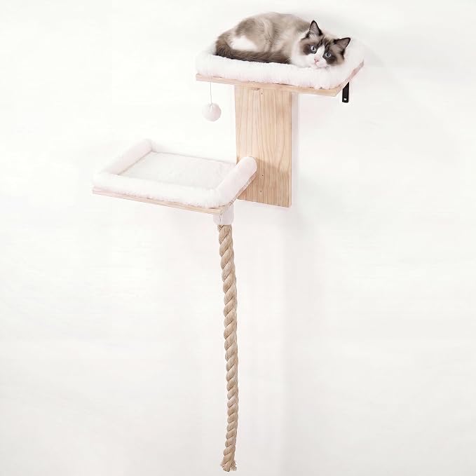 Cat Wall Shelves, 2 Beds with 4.92 ft Cat Scratching Post Rope | Tree Shape Cat Wall Furniture Set, Kitten Floating Shelf with Soft Cushion Perch, Solid Wood Cat Perch for Climb, Play, Nap