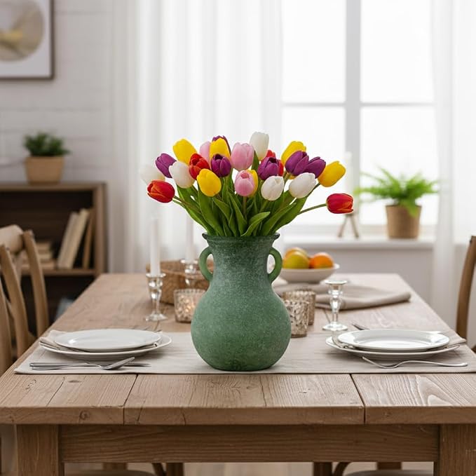Green Glass Vase with Handles, 7.5 Inch Rustic pottery Style Flower Vase, Vintage Decorative Round Bud Jar for Dried Flowers, Earthy Aesthetic Centerpiece for Modern Farmhouse & Boho Spring Home Decor