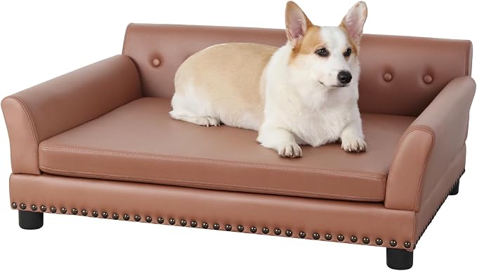 Large Leather Dog Sofa: Scratch Resistant Pet Couch up to 77lbs | Luxury Modern Indoor Dog Furniture, Elevated Wooden Frame Doggie Lounge Bed for Large Pet, Replaceable Cover, Easy Clean