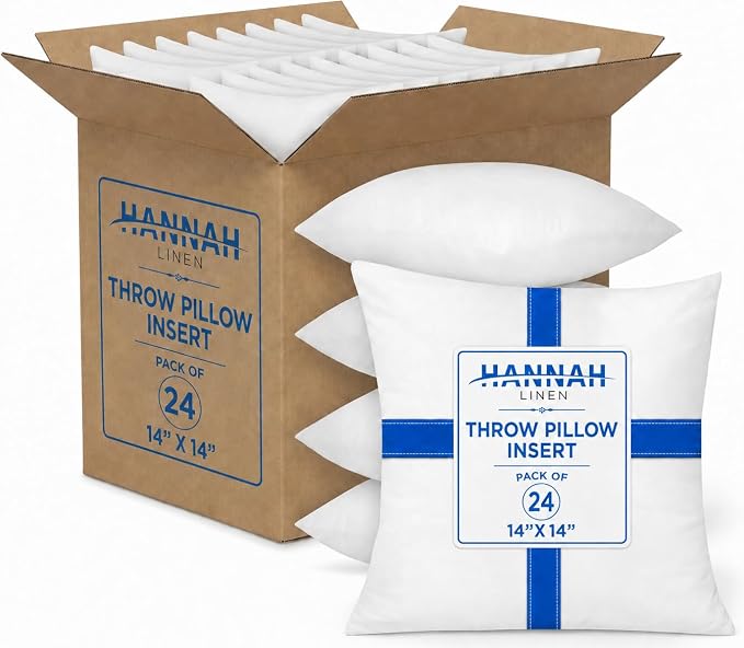Hannah Linen Throw Pillow Inserts 14x14 – 24 Pack Square Decorative Pillow Insert for Couch, Sofa & Bed, Soft Fluffy Polyester Filled Cushion Stuffers, Indoor Home Decor Pillows