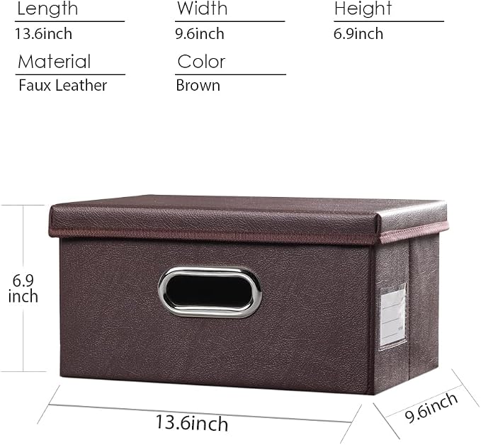 Collapsible Storage Box with Lid [1-Pack] Leather Fabric Foldable Storage Bin Organizer Container Basket Cube with Cover for Home Bedroom Closet Office Nursery Brown (13.6x9.6x6.9)