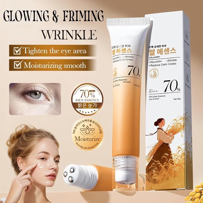 AKARY Roll on Eye Cream with 70% Rice Essence Extract, Moisturize, Tighten, Tender, Triple Roll & Glow Massage Head Under Roller Cream for Elasticity Wrinkles Puffiness Fine Lines-Korean Eye Cream