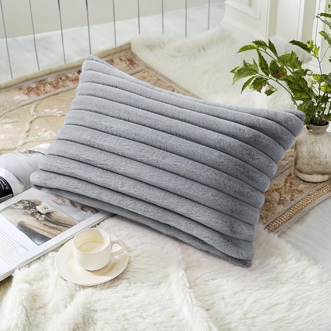 decorUhome Fall Faux Fur Throw Pillow Covers 12x20 Set of 2 Grey | Decorative Soft Cozy Striped Plush Modern Farmhouse Boho Couch Pillow Cases Velvet Back for Sofa Bed Living Room Home Decor