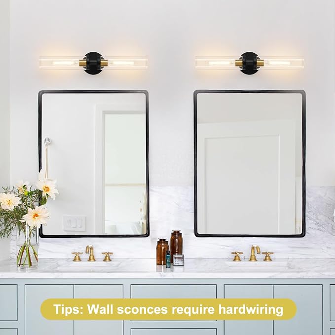 Indoi Hardwired Wall Sconces Set of Two, 22" Black and Gold Bathroom Sconces with Clear Glass, Modern Sconces Wall Decor Set of 2 Wall Light fixtures for Bathroom Mirror Living Room Hallway Bedroom
