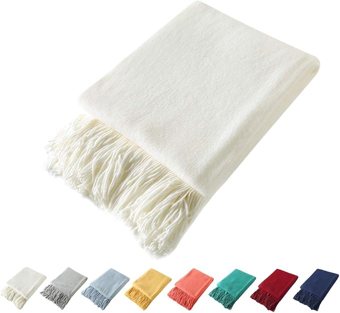 Homiest Ivory Knitted Throw Blanket with Fringe, 50x60 Inch | Pure Acrylic, Lightweight & Breathable, All-Season Use, Machine Washable, Wrinkle & Fade Resistant, for Couch Sofa And Bed