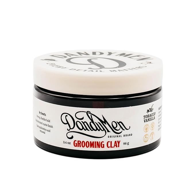DandyMen Grooming Clay – Strong Hold, Natural Matte Finish, and Flexible Styling with Kaolin Clay & Beeswax – Tobacco Vanilla Scent – 3.4 oz (1-pack)