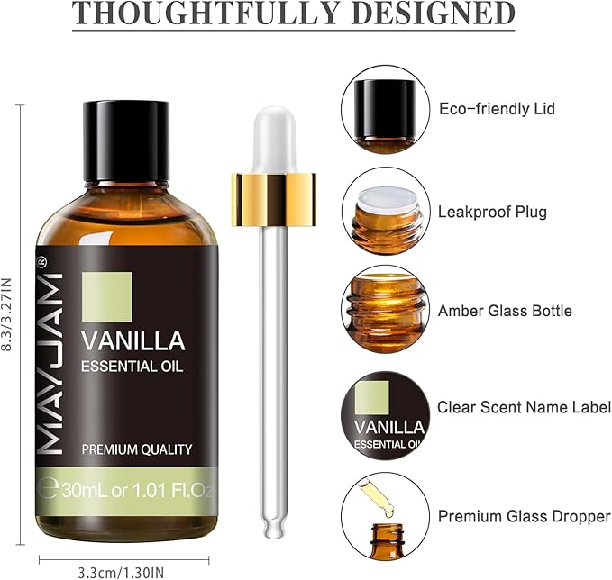 Vanilla Essential Oil 30ml/1.01fl.oz, MAYJAM Premium Vanilla Oils for Aromatherapy, Diffuser, Soap Making, Candle Making, Long Lasting Scents (Pack of 2)