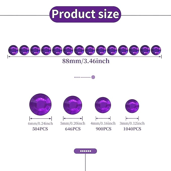 3090PCS Face Gems Eye Jewels Rhinestones Crystals Stickers 3/4/5/6mm with Dark Purple Rhinestones Stickers for Body, Stick on Jewels Makeup Glue for Face Eye Hair Nails Make up and Craft Decor
