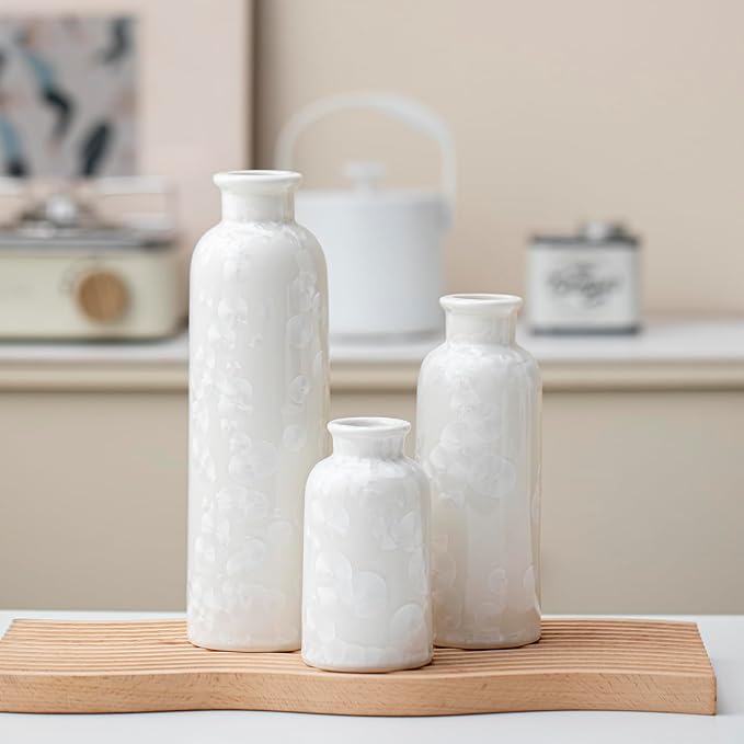 Modern Ceramic Vase Set of 3, White Crystalline Glaze Colors, Decorative Bottles for Home, Farmhouse Rustic Decor Housewarming Gifts, Wedding Gifts, Birthday Gifts for Women(Crystalline Glaze White)