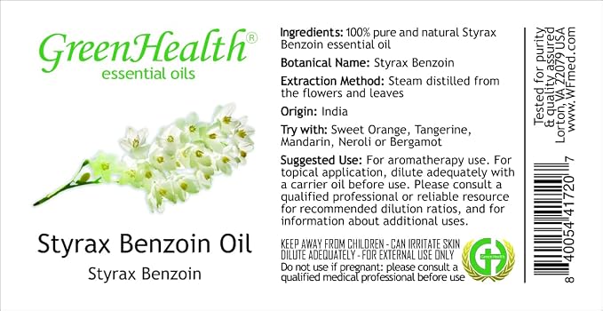 Styrax Benzoin – 32 fl oz (946 ml) Aluminum Bottle w/Plug Cap – 100% Pure Essential Oil – GreenHealth