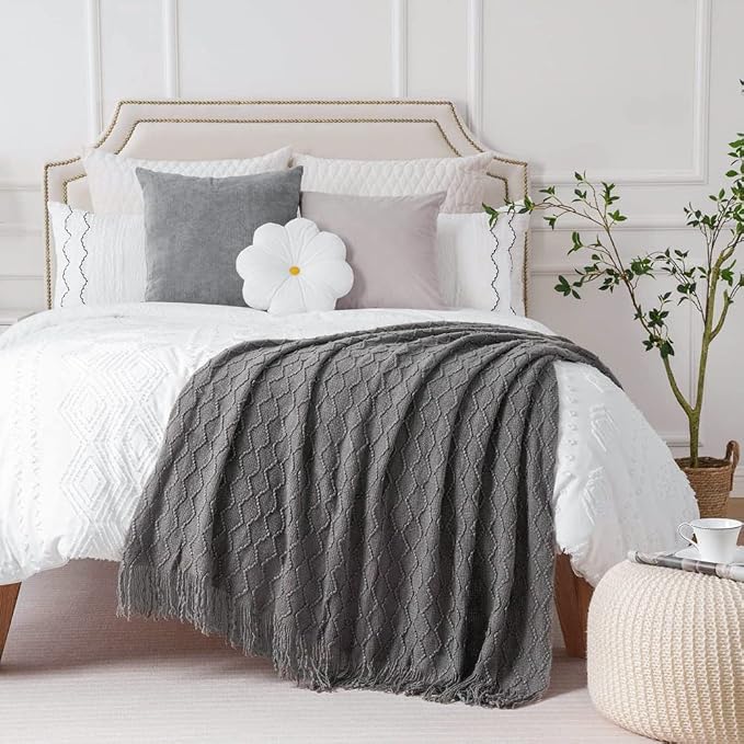 BATTILO HOME Dark Grey Throw Blanket for Couch, Textured Solid Soft Sofa Throw, Knitted Decorative Grey Blanket, 50"x60"