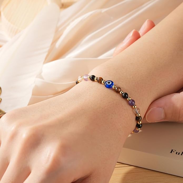 Evil Eye Bracelet for Women Tiger Eye Amethyst Energy Protection Bracelet Natural Crystal Beaded Healing Bracelet Spiritual Guardian Jewelry Gift