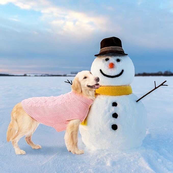 Mihachi Turtleneck Dog Sweater - Winter Coat Apparel Classic Cable Knit Clothes with Leash Hole for Cold Weather, Ideal Gift for Pet in New Year Flesh Pink Medium/Large