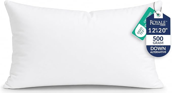 ROYALE LINENS 12 x 20 Pillow Insert - Down Alternative Throw Pillows Insert - Rectangle Pillow Pack of 1 White - Bed & Couch Pillows - Inner Cushion for Bed, Cushion for Living Room - Shams Stuffer