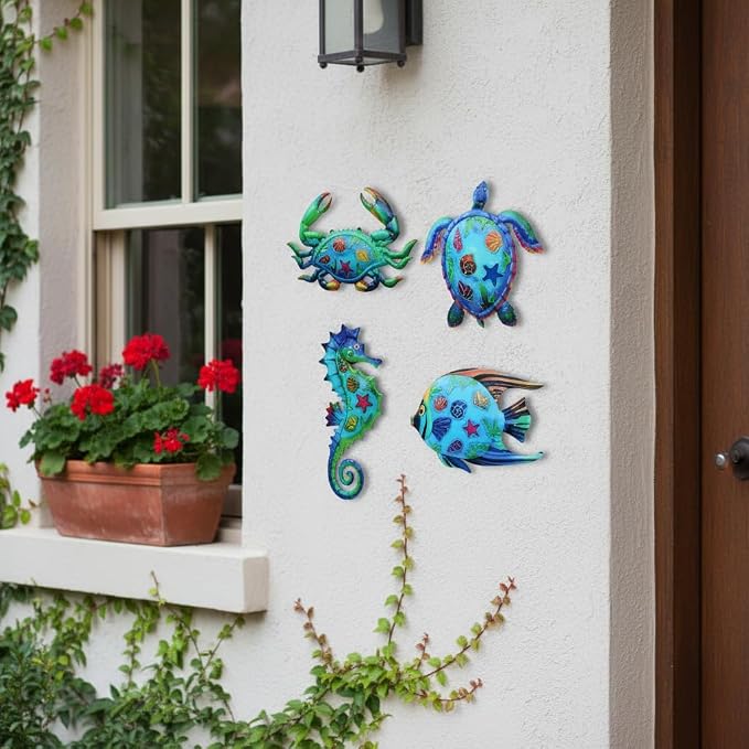 VEWOSTAR Metal Ocean Wall Art Decor Outdoor,Beach Wall Sculpture Set of 4 | Themed House Decor for Bathroom, Coastal Patio, Garden Fence, Pool Wall Art, Nautical Outdoor Decor Gift