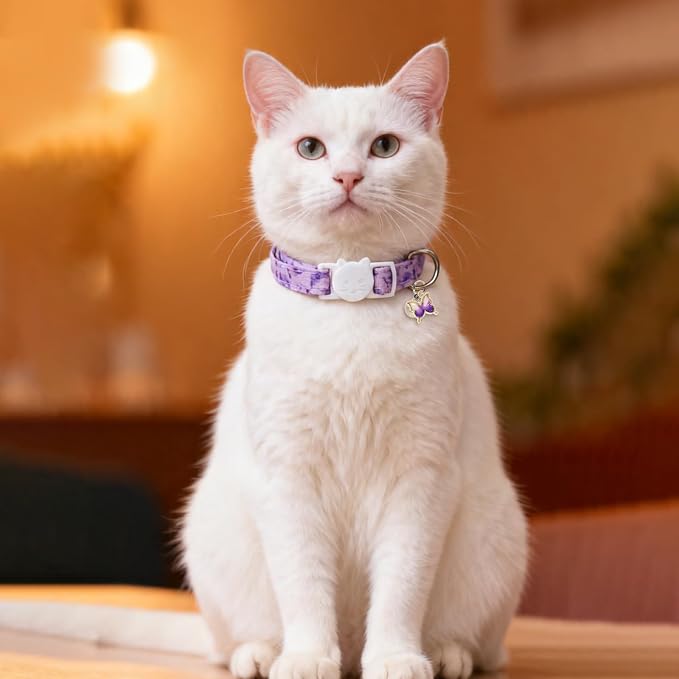 Cat Collars for Girl Cats & Boys, 2 Pack Soft Cotton Breakaway Collar with Removable Bell and Cute Charms, Adjustable Safety Pet Necklace, Butterfly