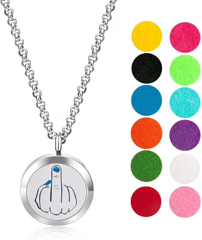 Wild Essentials Middle Finger Essential Oil Diffuser Necklace, Stainless Steel Locket Pendant with 24 inch Chain, 12 Color Refill Pads, Customizable Color Changing Perfume Jewelry for Aromatherapy