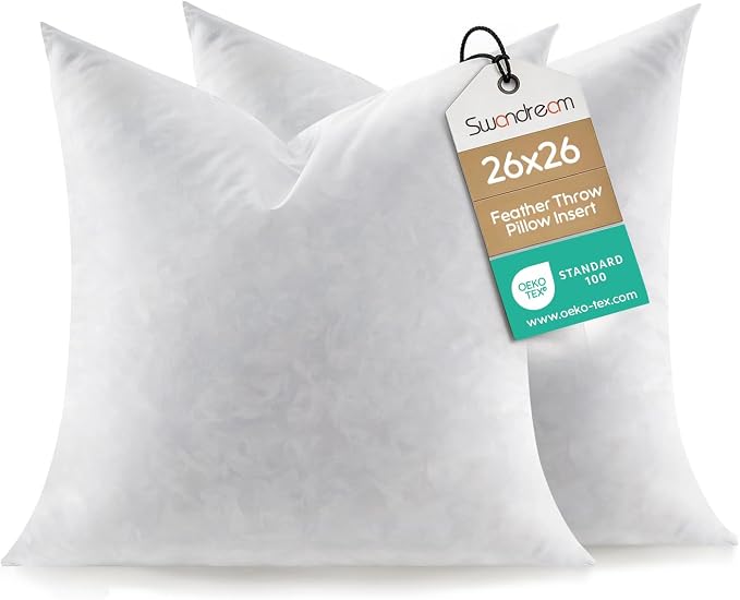 26x26 Feather Euro Throw Pillow Inserts, Decorative Pillow Inserts for Covers, Fuller Fit with Soft Support for Bed and Couch, Set of 2