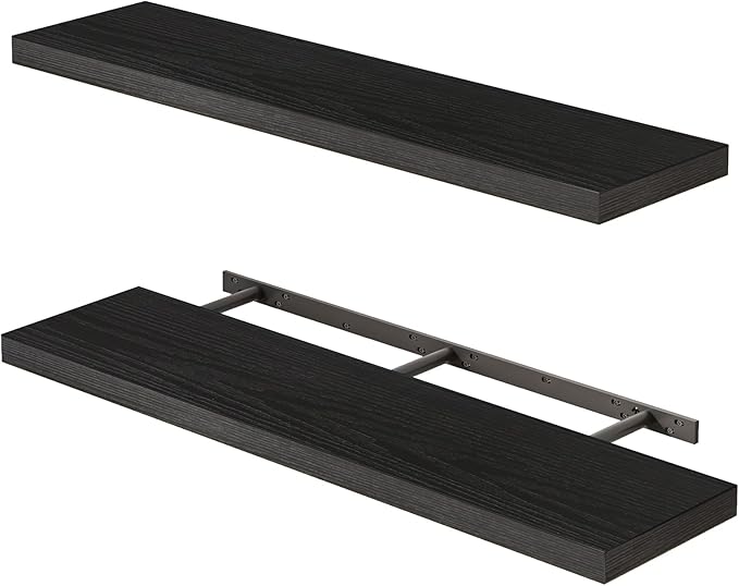 Fixwal Floating Wall Shelves for Decor (Black, Set of 2, 35.4Inch) | MDF Shelf with Metal Brackets, Space Saving for Books , Decor, Fits Bathroom, Kitchen, Bedroom, or Office