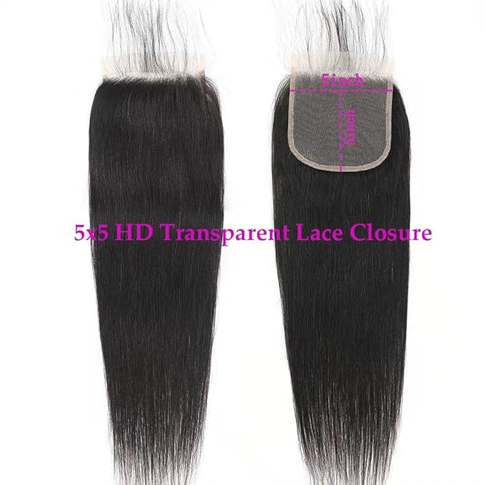 5x5 HD Transparent Lace Closure - Straight Human Hair Brazilian 18inch Virgin Straight - 100% Real Human Hair Free Part Pre Plucked Natural Black Glueless