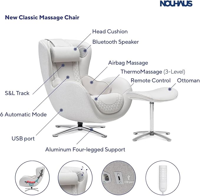 Nouhaus Classic Massage Chair with Ottoman. White Leather Lounge Chair, with Percussive & Shiatsu Chair Massager, Bluetooth Speaker and Recliner. Cozy Bedroom Chair with Spot and Full Body Massager