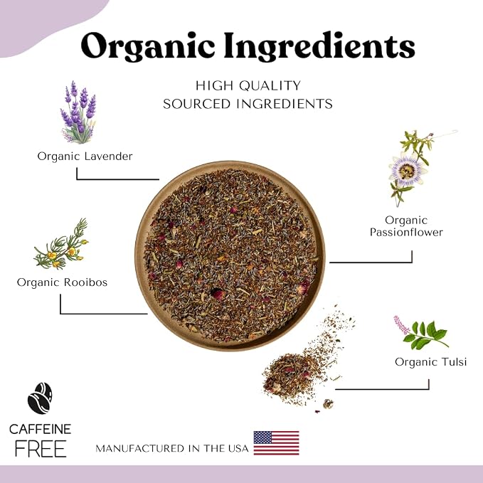 Organic Lavender Tea Loose Leaf Tea Bags – Sleep Tea, Passion Flower Tea, Calming Tea, Nighttime Tea, Relaxing Tea, Tulsi, Stress Tea, Caffeine Free AIP Bedtime Herbal Blend, 15 Count