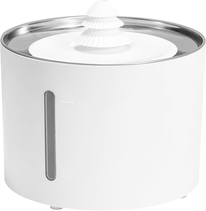 Amazon Basics Large Capacity Pet Water Fountain with Stainless Steel Top, Ultra Quiet, Easy to Clean, BPA Free, 3L, White, 3 Filters Included