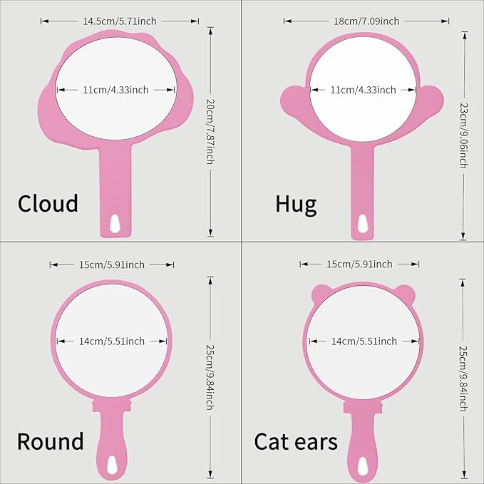 PDOZV Hand Mirror, 2 Pcs Big + Small Compact Hand Mirrors with Handle, Salon Hairdressing Bathroom Barber & Makeup, Travel, Pocket-Sized Mirror, Hanging, Handheld Mirror (Pink, 7.09" Lx 9.06" W)