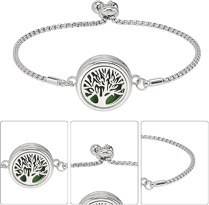 SUNNYCLUE 1 Box 2 Sets Essential Oil Diffuser Bracelets Essential Oil Bracelet Bangles with 10Pcs Refill Pad Tree of Life Stainless Steel Aromatherapy Locket Adjustable Jewelry for Women Gifts Travel