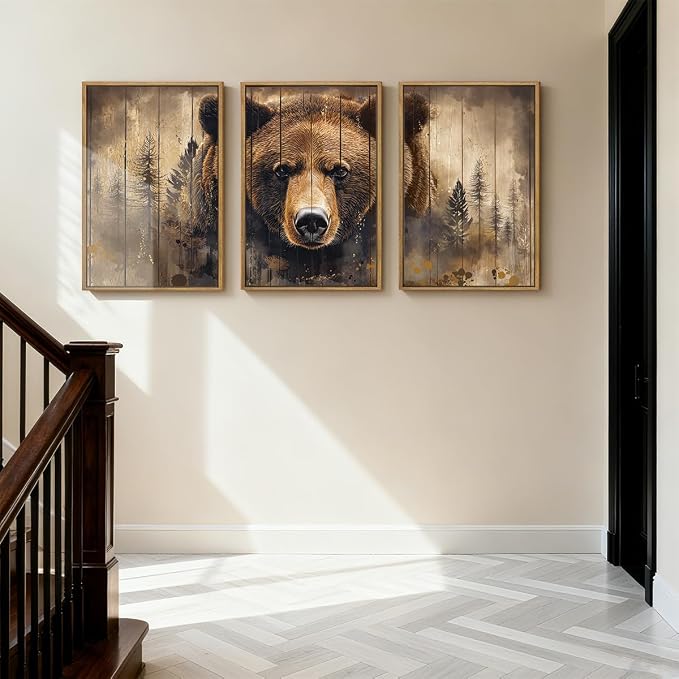 ANHUIB Vintage Brown Bear Canvas Wall Art 16x24 Inch Framed Forest Woodland Paintings Rustic Farmhouse Wildlife Wall Decor Set of 3 for Living Room Bedroom Dining Room