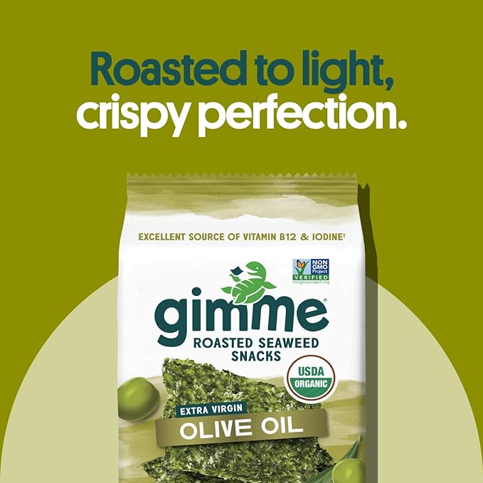 Gimme Seaweed Organic Premium Roasted Seaweed Snacks, Extra Virgin Olive Oil, 6 Count, Keto, Vegan, Gluten-Free, Great Source of Omega3s and Iodine, Healthy On-The-Go Snack for Kids and Adults