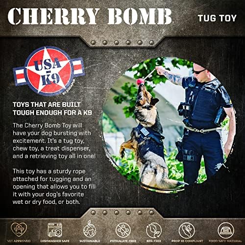 SodaPup USA-K9 Cherry Bomb – Durable Dog Tug Toy, Treat Dispenser, Chew Toy Made in USA from Non-Toxic, Pet Safe, Food Safe Natural Rubber Material for Bonding, Exercise, Training & More