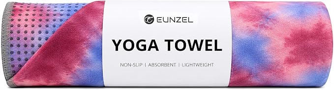 Eunzel Yoga Towel,Hot Yoga Mat Towel with Grip Dots Sweat Absorbent Non-Slip for Hot Yoga, Pilates and Workout 24" x72", Red & Blue