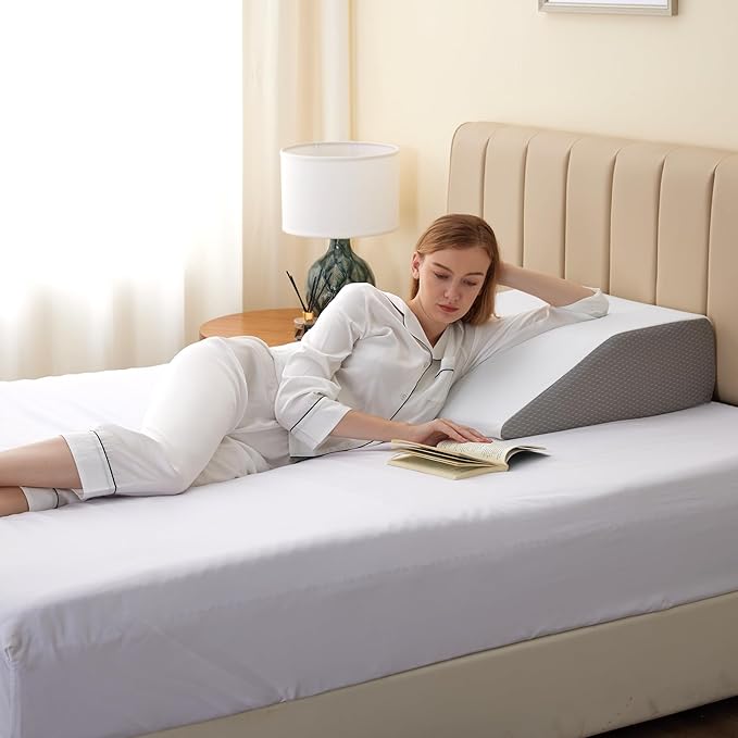 Bedluxe Leg Pillow Elevation Blood Circulation, Wedge Pillow for Legs Swelling, Leg Elevating Wedge Pillow for After Surgery, Foot Knee Pillow for Leg Rest, Sleeping, Memory Foam Top, 8in, White/Grey