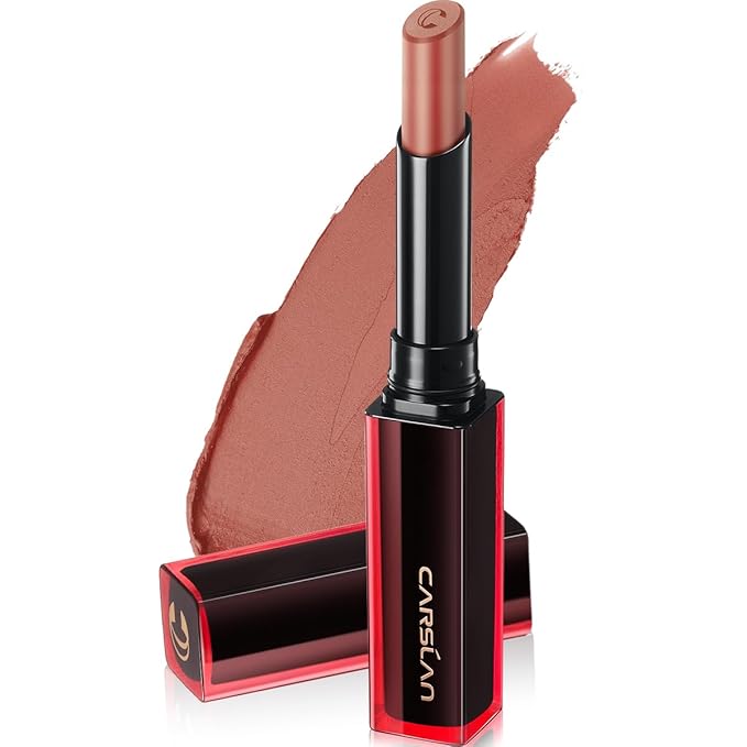 CARSLAN Light Cream Longwear Lipstick, 12H Longlasting Matte Lipstick, High Impact Lip color with Moisturizing Formula with Vitamin E, M08, 0.06 Oz