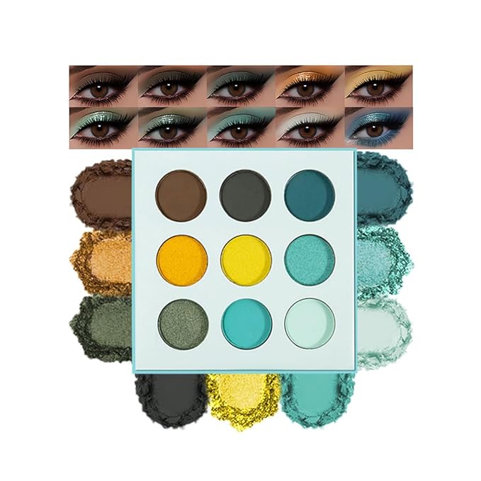 9-Color Eyeshadow Palette – High Pigment Matte Shimmer Glitter Eyeshadow Palette in Teal, Yellow, Olive & Brown, Long-Lasting Waterproof, Blendable for Creative & Everyday Looks