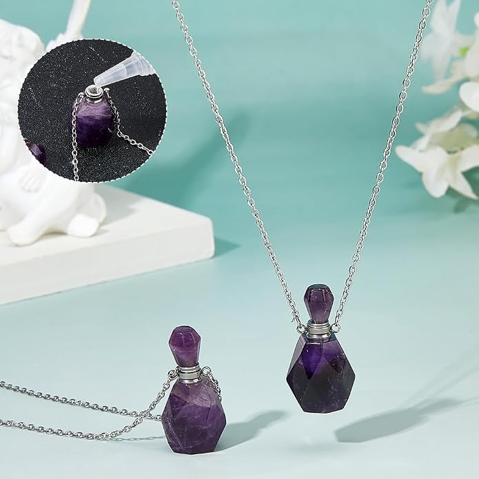 SUPERFINDINGS 2Pcs Perfume Bottle Necklace Essential Oil Diffuser Necklace Natural Crystal Perfume Bottle Pendant with 304 Stainless Steel Chain Gemstone Vial Pendant for Woman Men