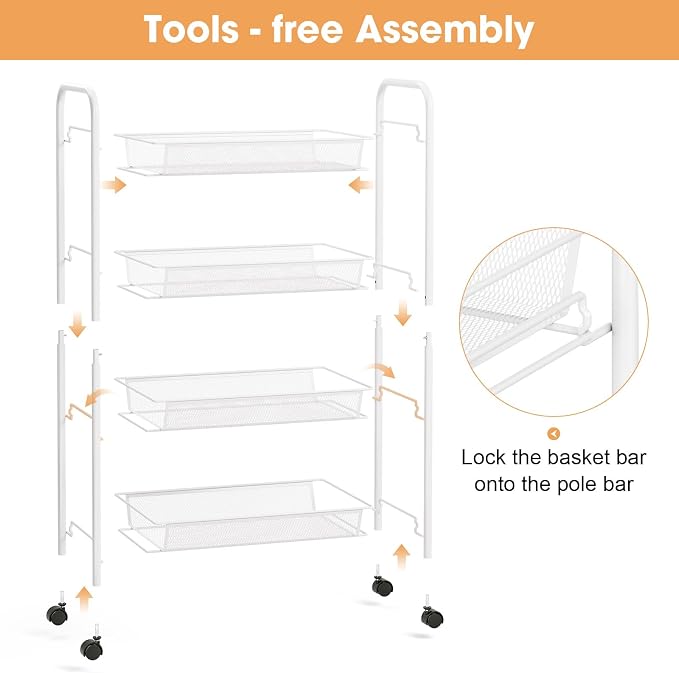 TOOLF 4 Tier Rolling Cart, Metal Utility Storage Cart with Wheels, White | 3 Hooks, Screwless Assembly, Trolley Organizer for Bathroom, Kitchen, Office, Nursery, Dorm, Laundry Room