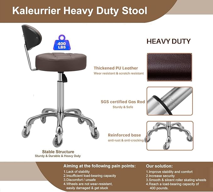 Kaleurrier Swivel Stool Adjustable Height: Heavy Duty Hydraulic Rolling Chair Metal Stool for Kitchen Salon Bar Office Massage (with Back Rest) (Coffee)