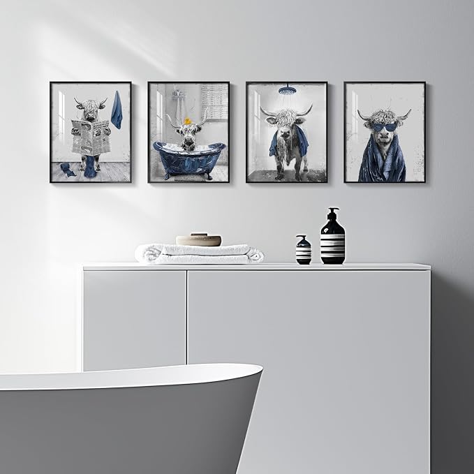 Framed Highland Cow Funny Animal Bathroom Wall Art, 4 Piece 8x10 In | Crystal porcelain coating, Waterproof prints, Navy blue and grey pictures, Wall decor for restroom toilet washroom