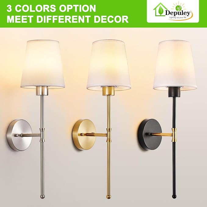 Depuley Battery Operated Wall Sconce: Set of 2 Wireless Wall Lights with Remote for Bedroom - 12 Colors Rechargeable Wall Lamp for Living Room Dining Room Hallway Bathroom Staircases - Nickel 24 Inch